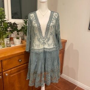 Elegant Sheer Seafoam Green Blue Lace Overlay Dress